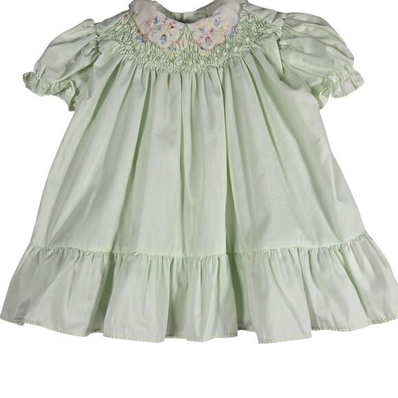 Polly Flinders Baby Dress 12M Green Hand Smocked Embroidered Vintage Ruffle Hem - Picture 3 of 9